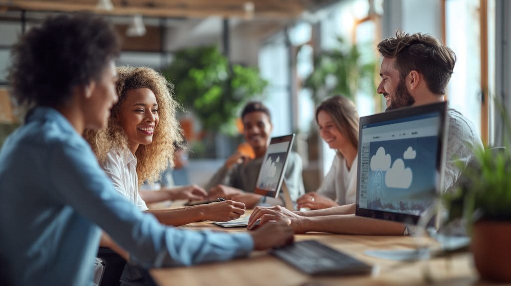 Diverse team working together on computers in a cloud environment, emphasizing collaboration and communication