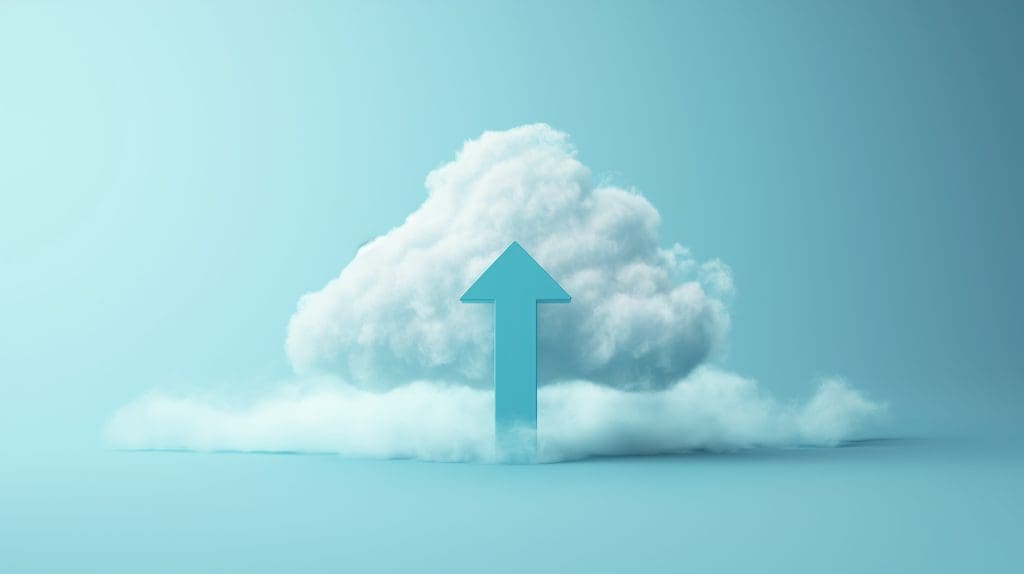 White cloud with blue arrow pointing upwards, encouraging viewers to start their cloud migration journey - conclusion